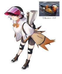 Rule 34 | 1girl, absurdres, backpack, bag, bike shorts, bird, black footwear, black hair, blush, bow, commentary, duck, full body, gomulgong, harpy, highres, jacket, knee brace, monster girl, original, personification, reference inset, shoes, short hair, simple background, sneakers, solo, visor cap, white background, white hair, white jacket, winged arms, wings, yellow eyes