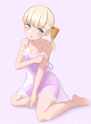 Rule 34 | 1girl, babydoll, barefoot, blonde hair, blue eyes, blunt bangs, full body, hair ornament, kantai collection, long hair, looking at viewer, one-hour drawing challenge, pink babydoll, ray.s, shin&#039;you (kancolle), side ponytail, simple background, sitting, solo, white background, yokozuwari