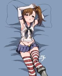 Rule 34 | 1girl, :o, armpits, arms up, black panties, blue background, brown eyes, brown hair, cosplay, crossover, elbow gloves, feet out of frame, female focus, futami mami, gloves, highleg, highleg panties, idolmaster, idolmaster (classic), kantai collection, looking at viewer, lying, navel, on back, open mouth, panties, pillow, shift (waage), shimakaze (kancolle), shimakaze (kancolle) (cosplay), side ponytail, solo, striped clothes, striped thighhighs, thighhighs, underwear, white gloves