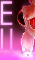 Rule 34 | 1girl, arms behind back, breasts, cyberdemon, cyborg, demon girl, doom (series), glowing, hdoom, head out of frame, highres, klein voimond, nipples, nude, personification, pink theme, red hair, short hair, solo, water, water drop, wet