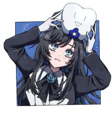 Rule 34 | 1girl, ado (utaite), arms up, black bow, black bowtie, black coat, black hair, blue background, blue eyes, blue flower, blue hair, blue rose, blush, border, bow, bowtie, chando (ado), cloud nine inc, coat, collared shirt, colored inner hair, commentary, cropped torso, domidomi444, flower, flower brooch, gloves, highres, long sleeves, mole, mole under eye, multicolored hair, open clothes, open coat, open mouth, outside border, rose, shirt, solo, sweatdrop, symbol-only commentary, tooth, two-tone hair, upper body, utaite, white border, white gloves, white shirt
