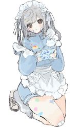 Rule 34 | 1girl, :&lt;, apron, bandaid, bandaid on leg, blue jacket, blue nails, blush, brooch, brown eyes, closed mouth, cross hair ornament, emoji, food-themed brooch, frilled apron, frills, full body, gauze, grey hair, hair ornament, handheld game console, highres, holding, holding handheld game console, jacket, jersey maid, jewelry, kneeling, leg warmers, long hair, long sleeves, looking at viewer, maid, mechiru, nail polish, name tag, original, pill hair ornament, pleading face emoji, sad, shoes, sleeves past fingers, sleeves past wrists, sneakers, solo, tears, thighs, track jacket, turtleneck, turtleneck jacket, two side up, unconventional maid, white apron, white background, white footwear, white leg warmers, wing hair ornament, zipper pull tab