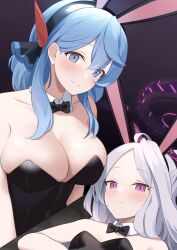 Rule 34 | 2girls, ahoge, ako (blue archive), animal ears, bare shoulders, black background, black bow, black bowtie, black leotard, blue archive, blue eyes, blue hair, bow, bowtie, breasts, cleavage, collarbone, commentary request, demon girl, demon horns, detached collar, fake animal ears, forehead, hair between eyes, hairband, halo, head tilt, highres, hina (blue archive), horns, large breasts, leotard, long hair, looking at viewer, multiple girls, parted bangs, pemoyashi (tianoblue), playboy bunny, purple eyes, rabbit ears, sidelocks, simple background, sleeveless, small breasts, smile, strapless, strapless leotard, wavy hair, white hair