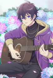 Rule 34 | 1boy, belt, black hair, black pants, black sweater, chain, chain necklace, earrings, finch (blanc1771), flower, guitar, highres, holding, holding instrument, hydrangea, indie virtual youtuber, instrument, jacket, jewelry, long sleeves, looking at viewer, male focus, music, necklace, open mouth, pants, playing instrument, purple eyes, purple jacket, short hair, shoto (vtuber), smile, solo, sweater, virtual youtuber