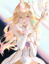Rule 34 | 1girl, blonde hair, commentary, detached sleeves, dress, english commentary, floating hair, gloves, highres, holding, holding staff, league of legends, long hair, looking at viewer, parted lips, sleeveless, sleeveless dress, soraka (league of legends), space, staff, star guardian (league of legends), star guardian soraka, sumi (suumiko ), very long hair, white dress, white gloves, yellow eyes