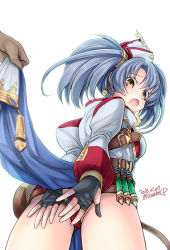 Rule 34 | 10s, 1girl, bad id, bad pixiv id, black gloves, blue hair, brown eyes, clothes lift, covering privates, covering ass, cowboy shot, dated, fingerless gloves, gloves, granblue fantasy, hat, long sleeves, looking at viewer, looking back, open mouth, panties, pelvic curtain, potion, pov, pov hands, puffy long sleeves, puffy sleeves, red panties, shigemiya kyouhei, simple background, solo focus, sophia (granblue fantasy), twintails, twitter username, underwear, white background