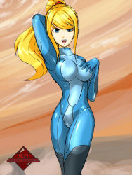 Rule 34 | 1girl, :d, artist name, blonde hair, blue eyes, blue suit, bodysuit, breasts, cleavage, hand on own chest, kein2002, latex, metroid, nintendo, open mouth, ponytail, samus aran, smile, solo, suit, zero suit