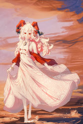 Rule 34 | 1girl, absurdres, alternate hair length, alternate hairstyle, bad id, bad pixiv id, bare shoulders, barefoot, black ribbon, bracelet, breasts, closed mouth, clothes lift, collared dress, commentary, curly hair, detached sleeves, dot nose, dress, dress lift, earrings, full body, hair between eyes, high collar, highres, horn ornament, horn ribbon, horns, jewelry, lfacras, long hair, looking down, medium breasts, pointy ears, red eyes, red horns, red sleeves, ribbon, ripples, see-through, see-through sleeves, sheep horns, sleeveless, sleeveless dress, smile, solo, standing, touhou, toutetsu yuuma, water, white dress, white hair