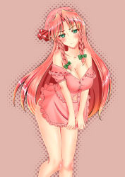 Rule 34 | 1girl, ass, blush, bow, braid, breasts, cleavage, cosplay, eburi a, embarrassed, frilled skirt, frills, green eyes, hair bow, hanging breasts, hat, hat bow, head tilt, highres, hong meiling, knees together feet apart, large breasts, long hair, looking at viewer, mob cap, pink shirt, pink skirt, red hair, remilia scarlet, remilia scarlet (cosplay), ribbon-trimmed collar, ribbon trim, shiny skin, shirt, short sleeves, skirt, skirt tug, solo, thighs, touhou, twin braids, unbuttoned, unbuttoned shirt, undersized clothes, very long hair, wavy mouth