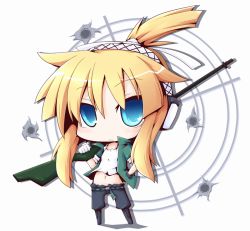 Rule 34 | 1girl, blonde hair, blue eyes, blush, chibi, ear protection, gun, iris (material sniper), material sniper, midriff, navel, ponytail, reku, rifle, sleeves rolled up, sniper rifle, solo, weapon
