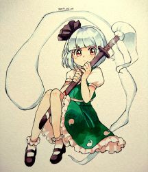 Rule 34 | 1girl, absurdres, bad id, bad pixiv id, black footwear, closed mouth, commentary request, dated, fingernails, frilled skirt, frills, full body, green skirt, green vest, highres, holding, katana, konpaku youmu, konpaku youmu (ghost), looking at viewer, marker (medium), puffy short sleeves, puffy sleeves, red eyes, sasa kichi, scabbard, sheath, shirt, shoes, short hair, short sleeves, silver hair, skirt, socks, solo, sword, touhou, traditional media, vest, weapon, white shirt, white socks