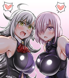 Rule 34 | 2girls, ahoge, alternate costume, armor, armored dress, blush, bodysuit, braid, breasts, collared dress, covered erect nipples, crossed bangs, dress, elbow gloves, fate/grand order, fate (series), foreshortening, from side, gloves, hair between eyes, hair over one eye, heart, impossible clothes, kabedon, large breasts, long hair, looking at viewer, mash kyrielight, multiple girls, olga marie animusphere, open mouth, purple eyes, purple gloves, purple hair, reaching, reaching towards viewer, short hair, silver hair, skin tight, sleeveless, sleeveless bodysuit, sleeveless dress, spoken heart, yakisobapan tarou &amp; negitoro-ko, yellow eyes