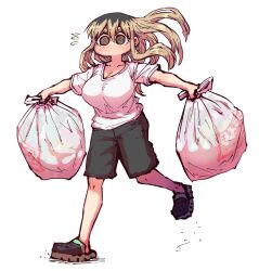 Rule 34 | 1girl, black shorts, blonde hair, blush, breasts, brown eyes, cleavage, crocs, flying sweatdrops, highres, holding, kinjo no hito no nakimushi, large breasts, long hair, no mouth, ochiai (kinjo no hito no nakimushi), official alternate costume, outstretched arms, shirt, shoes, shorts, solo, spread arms, t-shirt, trash bag, white background, white shirt, zyugoya