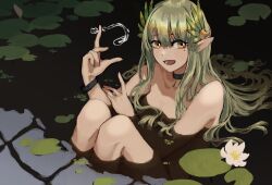 Rule 34 | 1girl, arknights, black choker, bracelet, chinese commentary, choker, commentary, commentary request, english commentary, flower, green hair, hair spread out, hands up, highres, hydrokinesis, index finger raised, infection monitor (arknights), jewelry, laurels, lily pad, long hair, long pointy ears, looking at viewer, mixed-language commentary, mole, mole under eye, muelsyse (arknights), nude, open mouth, partially submerged, pendant choker, pointy ears, pond, reflection, reflective water, sidelocks, smile, solo, water, white flower, yellow eyes, yuec202108