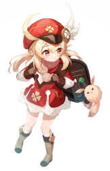 Rule 34 | 1girl, absurdres, ahoge, backpack, bag, bag charm, blonde hair, blush, boots, brown footwear, brown gloves, cabbie hat, charm (object), closed mouth, dress, feathers, full body, genshin impact, gloves, hair between eyes, hat, hat feather, highres, klee (genshin impact), knee boots, kneehighs, long hair, long sleeves, looking away, looking to the side, low twintails, munseonghwa, pointy ears, puffy long sleeves, puffy sleeves, red dress, red eyes, red hat, ribbed legwear, simple background, sleeves past wrists, socks, solo, twintails, white background, white feathers, white socks