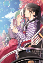 Rule 34 | 1girl, absurdres, artist name, blue sky, bow, brown eyes, brown hair, bubble, building, cloud, day, fingernails, hair bow, highres, huge filesize, japanese clothes, long hair, looking at viewer, outdoors, scan, sitting, sky, smile, solo, tony taka, wide sleeves