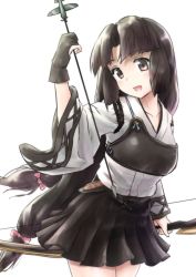 Rule 34 | 10s, 1girl, :d, alternate costume, arrow (projectile), bow (weapon), brown eyes, brown hair, brown skirt, gloves, hair ribbon, hakama, hakama short skirt, hakama skirt, highres, japanese clothes, kantai collection, long hair, low-tied long hair, muneate, open mouth, partially fingerless gloves, partly fingerless gloves, pleated skirt, ribbon, shouhou (kancolle), single glove, skirt, smile, solo, terawamu, very long hair, wamu (chartreuse), weapon, white background, yugake