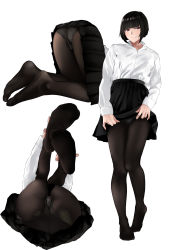 Rule 34 | 1girl, absurdres, asakura kukuri, ass, ass focus, black hair, black pantyhose, black skirt, blunt bangs, blush, bob cut, clothes lift, collared shirt, commentary request, derivative work, face down, feet, full body, half-closed eyes, head tilt, highres, legs up, lifted by self, long sleeves, looking at viewer, lying, miniskirt, multiple views, no shoes, on back, original, panties, panties under pantyhose, pantyhose, pantyshot, pleated skirt, shirt, shirt tucked in, short hair, simple background, skirt, skirt lift, smile, soles, standing, underwear, upskirt, white background, white shirt