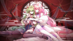Rule 34 | 2girls, absurdres, bare shoulders, black thighhighs, blue dress, blue eyes, blush, breasts, china dress, chinese clothes, chinese new year, cleavage, closed mouth, dress, earrings, elf, elysia (honkai impact), elysia (miss pink elf) (honkai impact), green eyes, green hair, hair between eyes, hair ornament, highres, honkai (series), honkai impact 3rd, hug, hulai de gou sheng, jewelry, large breasts, long hair, looking at viewer, mobius (honkai impact), multiple girls, new year, pink hair, pointy ears, purple dress, purple eyes, slit pupils, smile, thighhighs, very long hair, wavy hair, white thighhighs
