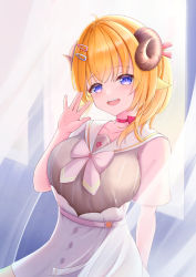 Rule 34 | 1girl, :d, animal ears, blonde hair, blue eyes, breasts, brown shirt, choker, collarbone, commentary request, curled horns, curtains, hair ornament, hairclip, hand up, head tilt, hololive, horns, looking at viewer, medium breasts, nezumi (09261377), open mouth, red choker, sailor collar, sheep ears, sheep horns, shirt, short sleeves, skirt, smile, solo, teeth, transparent, tsunomaki watame, tsunomaki watame (street casual), upper teeth only, virtual youtuber, white sailor collar, white skirt, window