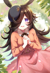 Rule 34 | 1girl, absurdres, animal ears, beret, black bow, black hat, blush, bow, brown ribbon, commentary, dress, hair over one eye, hair ribbon, hands up, hat, highres, horse ears, horse girl, huge filesize, jacket, leaf, long hair, long sleeves, looking at viewer, open mouth, orange jacket, outdoors, own hands clasped, own hands together, pink dress, purple eyes, ribbon, rice shower (umamusume), smile, solo, tilted headwear, umamusume, umishima rinta