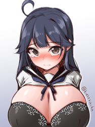 Rule 34 | 1girl, ahoge, black bra, blue hair, blush, bra, breasts, brown eyes, cleavage, closed mouth, clothes pull, gradient background, huge breasts, kantai collection, long hair, looking at viewer, sailor collar, school uniform, serafuku, shirt pull, simple background, solo, twitter username, underwear, upper body, ushio (kancolle), yuki to hana