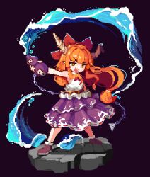 Rule 34 | 1girl, altos, black background, bow, brown footwear, commentary, fang, full body, gourd, hair bow, horns, ibuki suika, long hair, looking at viewer, low-tied long hair, orange eyes, orange hair, pixel art, pointy ears, purple skirt, red bow, ribbon-trimmed skirt, ribbon trim, shirt, sidelocks, simple background, skirt, solo, standing, touhou, water, white shirt