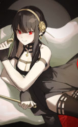 Rule 34 | 1girl, absurdres, bare shoulders, black dress, black hair, black thighhighs, breasts, cleavage, commentary, dagger, dress, dual wielding, earrings, flower, gold earrings, gold hairband, hair flower, hair ornament, hairband, highres, holding, holding dagger, holding knife, holding weapon, jewelry, knife, large breasts, long hair, looking at viewer, red eyes, reverse grip, rose, sidelocks, smile, solo, spy x family, star741, thighhighs, thighs, weapon, yor briar