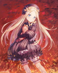 Rule 34 | 1girl, abigail williams (fate), artist name, black bow, black dress, black hat, blonde hair, bloomers, blue eyes, bow, bug, butterfly, closed mouth, commentary request, dress, embers, fate/grand order, fate (series), fire, hands in opposite sleeves, hat, hugging object, insect, long hair, long sleeves, looking at viewer, orange bow, parted bangs, polka dot, polka dot bow, roang, solo, stuffed animal, stuffed toy, teddy bear, underwear, very long hair, white bloomers