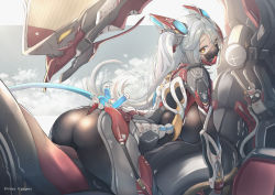 Rule 34 | 1girl, absurdres, alternate costume, antenna hair, arm guards, armor, ass, azur lane, black bodysuit, bodysuit, breasts, character name, cloud, covered mouth, fake tail, from behind, headgear, highres, huge filesize, large breasts, long hair, looking at viewer, looking back, mask, mecha, mouth mask, multicolored hair, prinz eugen (azur lane), red hair, robot, silver hair, solo, streaked hair, tail, two side up, very long hair, yusha m