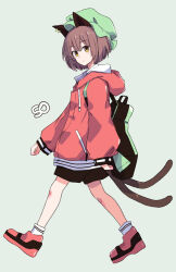 Rule 34 | 1girl, alternate costume, animal ear piercing, animal ears, backpack, bag, brown eyes, brown hair, cat ears, cat tail, chen, closed mouth, commentary request, double-parted bangs, earrings, expressionless, from side, full body, green hat, grey background, hat, highres, hood, hoodie, jack (wkm74959), jewelry, long sleeves, looking at viewer, looking to the side, mob cap, multiple tails, nekomata, puffy long sleeves, puffy sleeves, red hoodie, shoes, simple background, sneakers, solo, tail, touhou, two tails