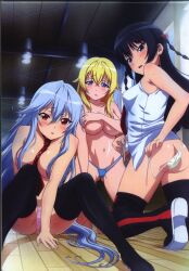 2girls 3girls aines_synclavia armpits ass bare_legs bare_shoulders bent_over between_breasts black_hair black_thighhighs blonde_hair blu-ray_cover blue_eyes blue_hair blue_panties blush boots bow braid breasts butt_crack censored censored_nipples cleavage clothes_pull compression_artifacts cover covering_breasts covering_privates groin hair_between_eyes hair_ornament hair_over_breasts highres himekawa_hayuru huge_ass indoors kadokawa kadokawa_shoten knee_boots kneeling large_breasts legs long_hair looking_at_viewer looking_back masou_gakuen_hxh medium_breasts miyai_kana multiple_girls navel necktie necktie_between_breasts nipple_visible_through_shirt nipples official_art on_floor open_mouth panties panties_only pink_panties production_ims red_eyes shirt shoes side-tie_panties sitting sleeveless sleeveless_shirt small_breasts string_panties sweat thighhighs topless twintails underwear underwear_only untied_panties very_long_hair white_hair white_panties yurishia_farandole