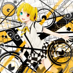 Rule 34 | 1girl, blonde hair, blue eyes, checkered clothes, checkered skirt, female focus, hair ornament, hair ribbon, hairclip, headphones, heterochromia, kagamine rin, komine, open mouth, red eyes, ribbon, school uniform, short hair, skirt, smile, solo, symbol-shaped pupils, tiger rampage (vocaloid), uniform, vocaloid