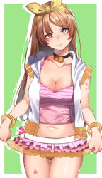 Rule 34 | 1girl, alternate hair length, alternate hairstyle, belly, blush, bow, bracelet, breasts, brown hair, cleavage, clothes lift, erena (sakura aimax), highres, jewelry, koizumi hanayo, long hair, looking at viewer, love live!, love live! school idol project, medium breasts, navel, non-web source, panties, pink shirt, pink skirt, purple eyes, shirt, skirt, skirt lift, smile, solo, underwear, yellow bow