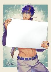 Rule 34 | 1boy, abs, bara, blonde hair, blush, commission, feet out of frame, groin, holding, holding sign, indie virtual youtuber, looking at viewer, male focus, multicolored hair, muscular, muscular male, navel, purple hair, ryosuke tsukiyo, shidatsu takayuki, short hair, sign, skeb commission, smile, solo, streaked hair, thick eyebrows, veiny crotch, virtual youtuber