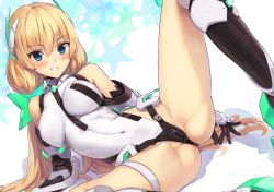 Rule 34 | 1girl, angela balzac, bare shoulders, black gloves, blonde hair, blue eyes, blush, boots, breasts, cameltoe, cleft of venus, covered erect nipples, covered navel, elbow gloves, female focus, gloves, grin, hair ornament, headgear, highres, kawakami rokkaku, knee boots, large breasts, leg lift, leotard, long hair, looking at viewer, low twintails, lying, partially visible vulva, rakuen tsuihou, revision, simple background, skin tight, smile, solo, spread legs, star (symbol), twintails, very long hair, white background
