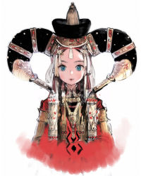 Rule 34 | 1girl, black hair, blue eyes, braid, djasal, earrings, facial mark, gokuma, hair over shoulder, hat, jewelry, long hair, looking at viewer, mole, mole under eye, mole under mouth, mongolian clothes, original, red lips, simple background, smile, solo, traditional clothes, twin braids, upper body, white background