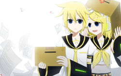 Rule 34 | 1boy, 1girl, blue eyes, brother and sister, detached sleeves, hakobako player, headphones, headset, highres, kagamine len, kagamine rin, kuroha ai, midriff, necktie, siblings, twins, vocaloid, wallpaper, yellow necktie