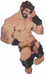 Rule 34 | 1boy, abs, bara, beard, black gloves, black hair, black male underwear, black shorts, clothes pull, earrings, facial hair, flaccid, gloves, highres, holding, holding phone, holo eden, jewelry, jockstrap, large pectorals, looking at phone, male focus, male underwear, muscular, muscular male, navel, nipple piercing, nipples, original, pectorals, penis, phone, piercing, short hair, shorts, shorts pull, simple background, solo, underwear, white background