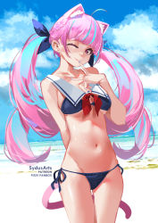 Rule 34 | 1girl, ;), animal ear fluff, animal ears, arm behind back, bad id, bad pixiv id, beach, bikini, blue bikini, blue hair, blue nails, blue ribbon, blunt bangs, breasts, cat ears, cat girl, cat tail, cowboy shot, day, extra ears, hair ribbon, hololive, large breasts, long hair, looking at viewer, minato aqua, multicolored hair, nail, nail polish, navel, one eye closed, outdoors, pink hair, purple eyes, ribbon, sailor collar, side-tie bikini bottom, smile, solo, standing, stomach, swimsuit, sydus, tail, twintails, two-tone hair, very long hair, virtual youtuber, white sailor collar