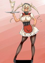 Rule 34 | 10s, 1girl, ayuayu (shouyu no sato), blonde hair, breasts, dark-skinned female, dark skin, glasses, hand on own hip, huge breasts, kantai collection, maid, musashi (kancolle), pantyhose, pointy hair, red eyes, solo, tray, twintails