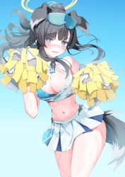 Rule 34 | 1girl, absurdres, animal ears, bikini, bikini top only, black hair, blue archive, blush, breasts, bright pupils, cheerleader, cleavage, dog ears, dog tail, embarrassed, extra ears, floating hair, full-face blush, goggles, goggles on head, gradient background, halo, hibiki (blue archive), hibiki (cheer squad) (blue archive), highres, holding, holding pom poms, large breasts, looking at viewer, millennium cheerleader outfit (blue archive), miniskirt, navel, pleated skirt, pom pom (cheerleading), pom poms, skirt, solo, sweatdrop, swimsuit, tail, tika tika4101, two-tone bikini