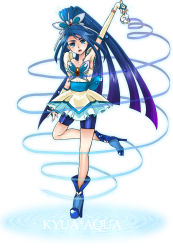 Rule 34 | 00s, 1girl, arm up, armpits, bad id, bad pixiv id, bare shoulders, bike shorts, bike shorts under skirt, blue eyes, blue hair, blue shorts, blue theme, brooch, bug, butterfly, butterfly hair ornament, character name, cure aqua, dress, full body, gloves, gradient hair, gymnastics, hair ornament, high heels, highres, insect, jewelry, korekiyo (zakuro), long hair, magical girl, matching hair/eyes, minazuki karen, multicolored hair, open mouth, ponytail, precure, purple hair, rhythmic gymnastics, ribbon, shoes, shorts, shorts under skirt, sidelocks, smile, solo, spiral, typo, white background, wide ponytail, yes! precure 5