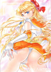 Rule 34 | 1girl, aino minako, ass, at classics, bishoujo senshi sailor moon, blonde hair, blue eyes, bow, breasts, earrings, from behind, gloves, jewelry, large breasts, leotard, long hair, looking back, miniskirt, red bow, skirt, thong leotard, traditional media, very long hair