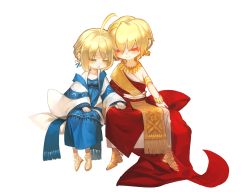 Rule 34 | 1boy, 1girl, :&gt;, :&lt;, ahoge, alternate costume, artoria pendragon (all), artoria pendragon (fate), bad id, bad pixiv id, blonde hair, bracelet, chibi, dress, earrings, fate/stay night, fate/zero, fate (series), full body, gilgamesh (fate), green eyes, highres, jewelry, lilin99jh, necklace, red eyes, saber (fate), sandals, simple background, toga, white background