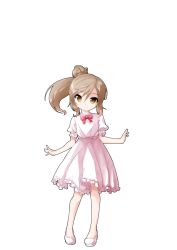 Rule 34 | 1girl, aged down, bow, bowtie, brown hair, cevio, child, closed mouth, commentary request, dairi, dress, full body, hair bun, highres, looking at viewer, puffy short sleeves, puffy sleeves, red bow, red bowtie, satou sasara, shoes, short sleeves, side ponytail, sidelocks, single hair bun, smile, solo, standing, tachi-e, transparent background, white dress, white footwear, yellow eyes
