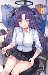 Rule 34 | 1girl, black skirt, blue archive, blush, breasts, buttons, collared shirt, feet out of frame, flying sweatdrops, halo, highres, indoors, long hair, looking at viewer, mechanical halo, medium breasts, mi taro333, open mouth, pleated skirt, purple eyes, purple hair, shirt, sitting, skirt, sleeves past elbows, solo, swivel chair, tape measure, two side up, white shirt, yuuka (blue archive)