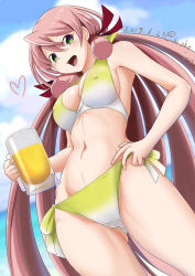 Rule 34 | 1girl, akashi (kancolle), alcohol, beer, beer mug, bikini, blue sky, breasts, cloud, commentary request, cup, dated, day, covered erect nipples, from below, green eyes, hair ribbon, holding, holding cup, kantai collection, large breasts, long hair, moke ro, mug, navel, open mouth, outdoors, pink hair, red ribbon, ribbon, sidelocks, sky, smile, solo, swimsuit, tress ribbon, twitter username