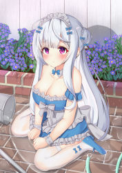 Rule 34 | 1girl, absurdres, alternate costume, apron, artist request, azur lane, bare shoulders, blue footwear, braid, braided bun, breasts, collar, cygnet (an offer to be maid) (azur lane), cygnet (azur lane), cygnet (an offer to be maid) (azur lane), detached collar, double bun, dress, enmaided, fence, flower, frilled apron, frilled hairband, frills, full body, gaiters, hair bun, hairband, highres, hose, large breasts, long hair, looking at viewer, maid, maid apron, outdoors, purple eyes, sitting, solo, thighhigh gaiters, thighhighs, wariza, water, white collar, white hair, white hairband, white thighhighs