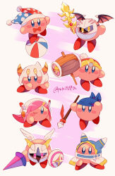 Rule 34 | :d, :o, arms up, artist name, balancing, ball, bandana, bandana waddle dee, bandana waddle dee (cosplay), black wings, blue bandana, blue eyes, blue headwear, blunt bangs, blush, blush stickers, bow, bowtie, cloak, closed mouth, commentary request, cosplay, feathered wings, galacta knight, galacta knight (cosplay), galaxia (sword), hammer, hat, highres, holding, holding hammer, holding polearm, holding shield, holding sword, holding weapon, hood, hood up, horns, jester cap, king dedede, king dedede (cosplay), kirby, kirby (series), lance, long hair, looking at viewer, magolor, magolor (cosplay), marx (kirby), marx (kirby) (cosplay), mask, meta knight, meta knight (cosplay), multicolored clothes, multicolored headwear, nintendo, one eye closed, open mouth, orange horns, pink background, pink eyes, pink hair, polearm, pom pom (clothes), red bow, red bowtie, red headwear, shield, short hair, simple background, smile, spear, spiked wings, spikes, star (symbol), susie (kirby), susie (kirby) (cosplay), sword, taranza, taranza (cosplay), tokuura, twitter username, v-shaped eyebrows, weapon, white background, white cloak, white hair, white wings, wings, yellow eyes, yellow horns